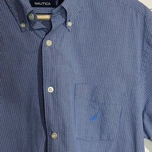 Nautica Sanded Poplin Blue/White‎ Gingham Print Short Sleeve Button-Down